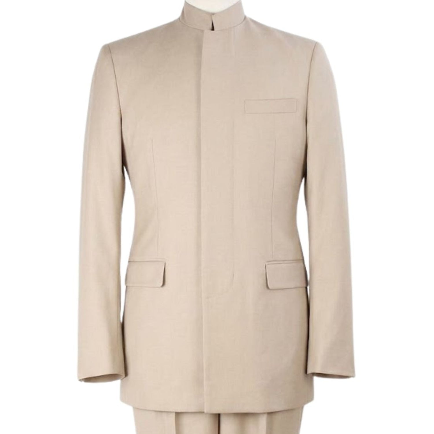 tan clergy suit with hidden button front closure