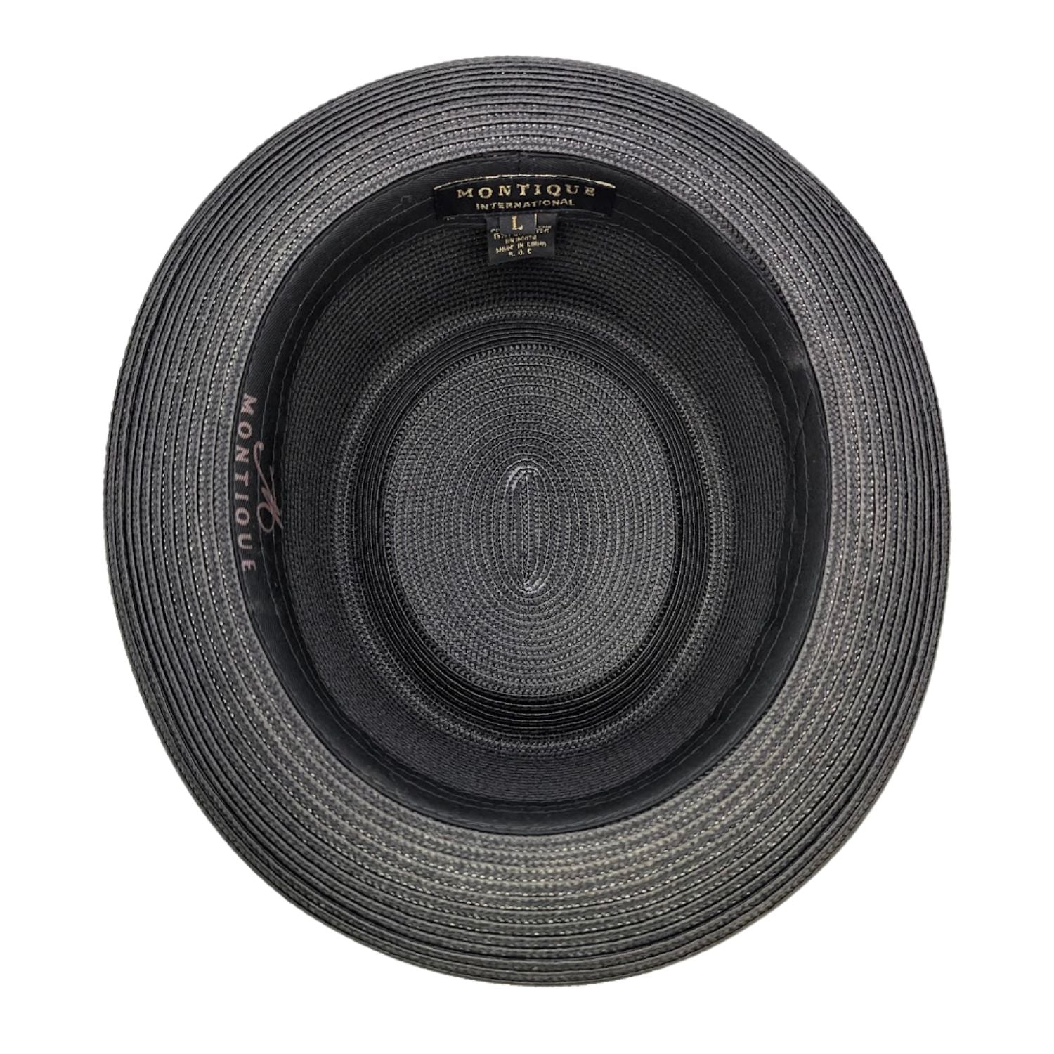 Montique black straw pork pie hat inside view with branded sweatband