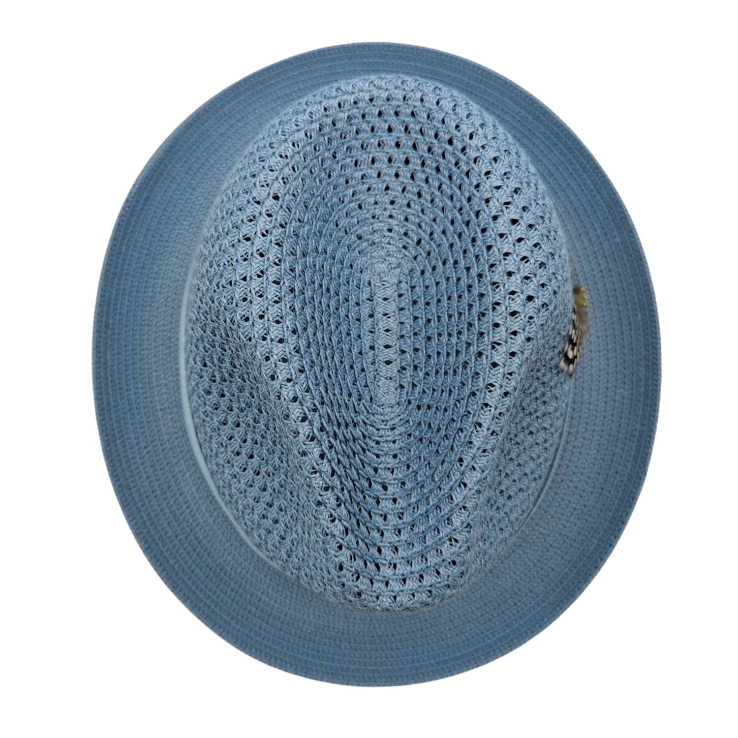 Montique Carolina straw fedora hat top view with feather detail