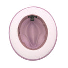 Lavender and white fedora hat interior view with branded sweatband, light lavender crown, white brim underside, and lavender brim trim