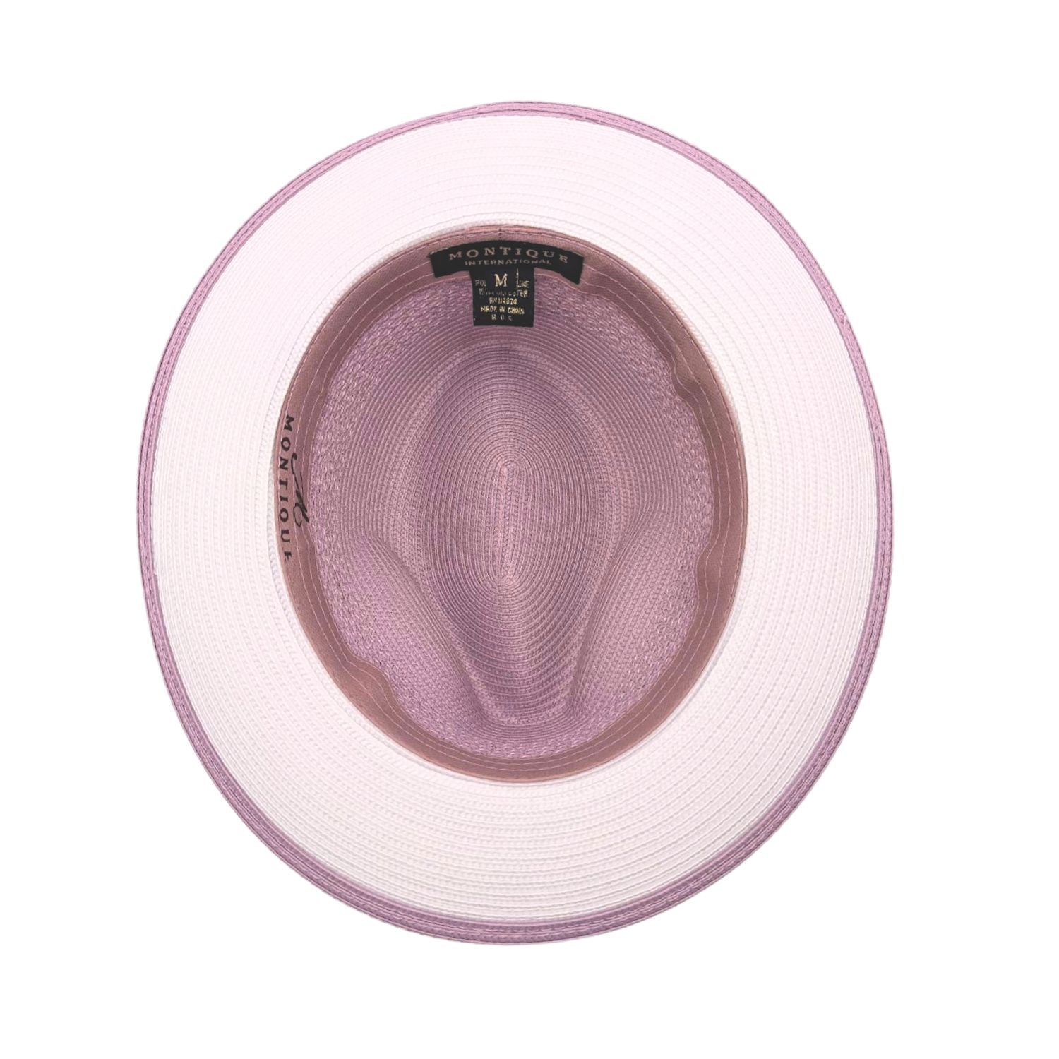 Lavender and white fedora hat interior view with branded sweatband, light lavender crown, white brim underside, and lavender brim trim