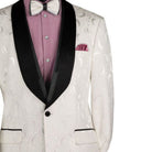 Close-up detail of white floral jacquard fabric and satin shawl lapel