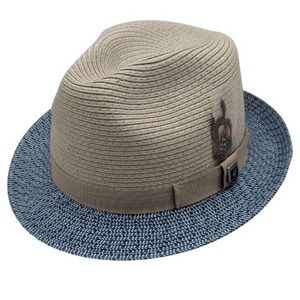Lamonte Collection: Scala Blue Paper Braid Fedora with Feather and Grosgrain Band