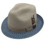 Lamonte Collection: Scala Blue Paper Braid Fedora with Feather and Grosgrain Band
