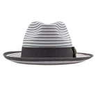 Grey and white Montique fedora front view with striped woven crown, dark grey band, and matching brim trim