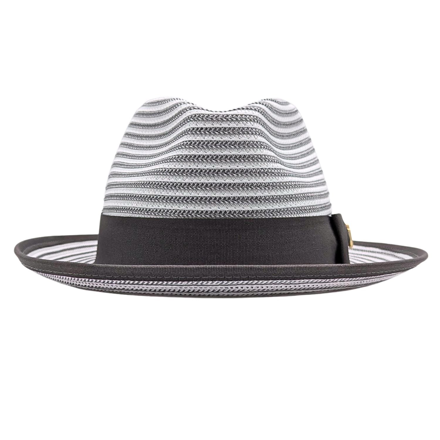 Grey and white Montique fedora front view with striped woven crown, dark grey band, and matching brim trim