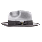 Grey and white Montique fedora side view with dark grey grosgrain bow, logo pin, striped crown, and short brim