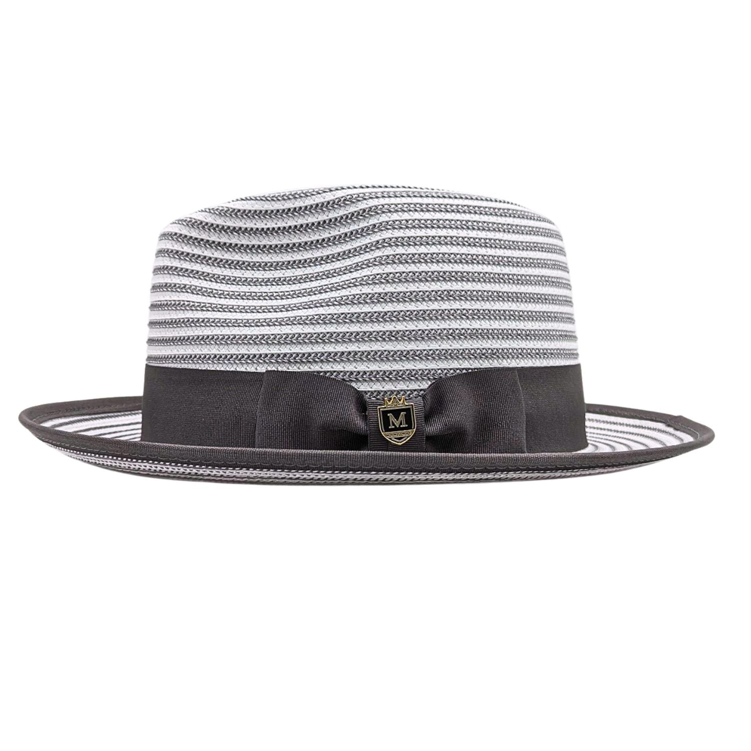 Grey and white Montique fedora side view with dark grey grosgrain bow, logo pin, striped crown, and short brim