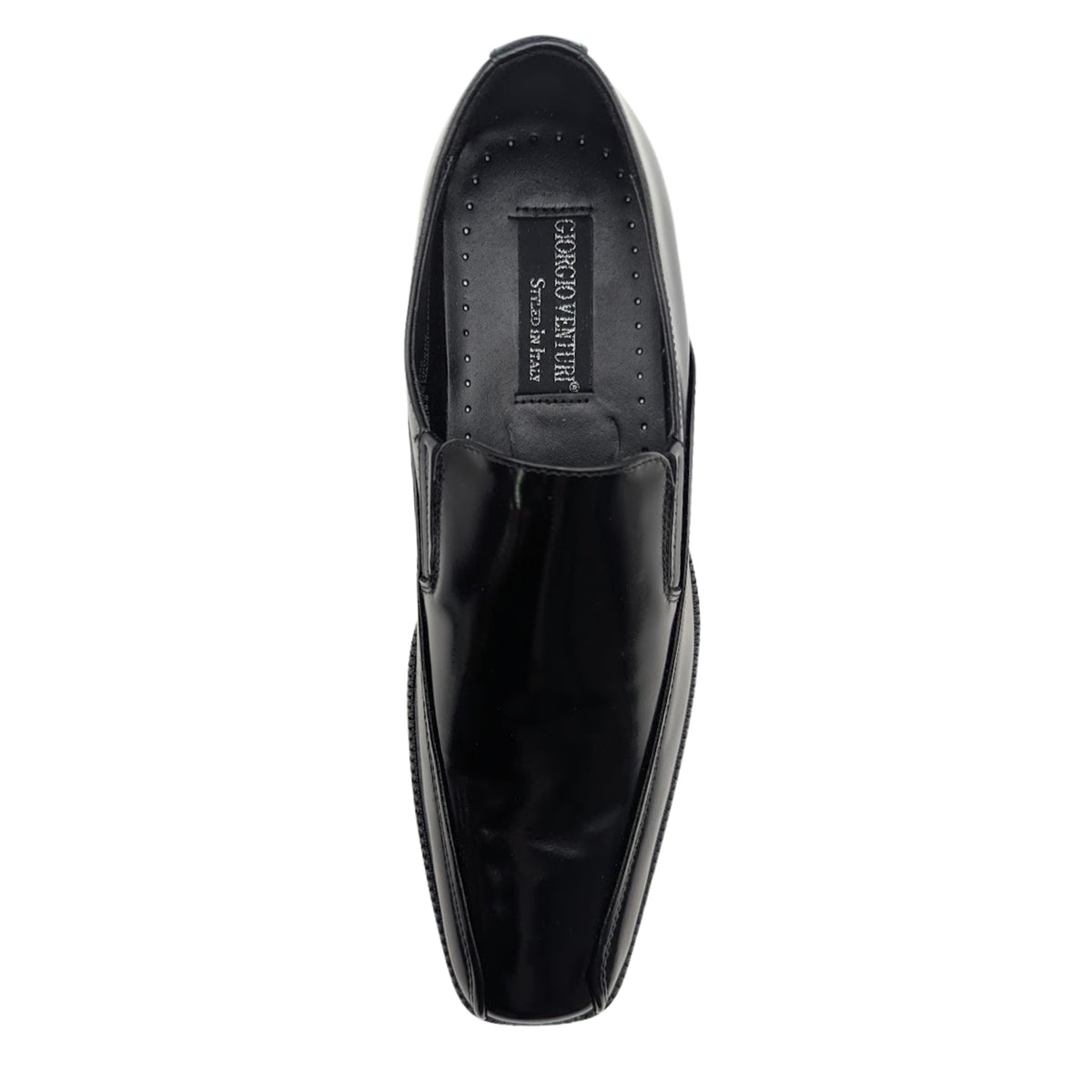black polished square toe slip-on dress shoe top view
