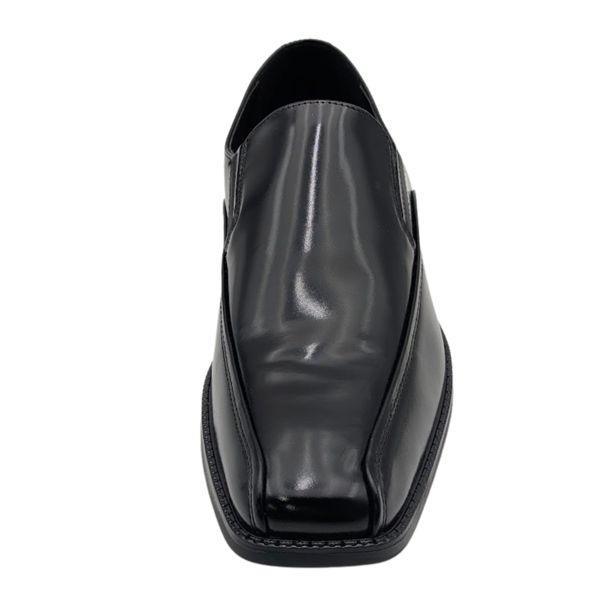 black polished square toe slip-on dress shoe front view