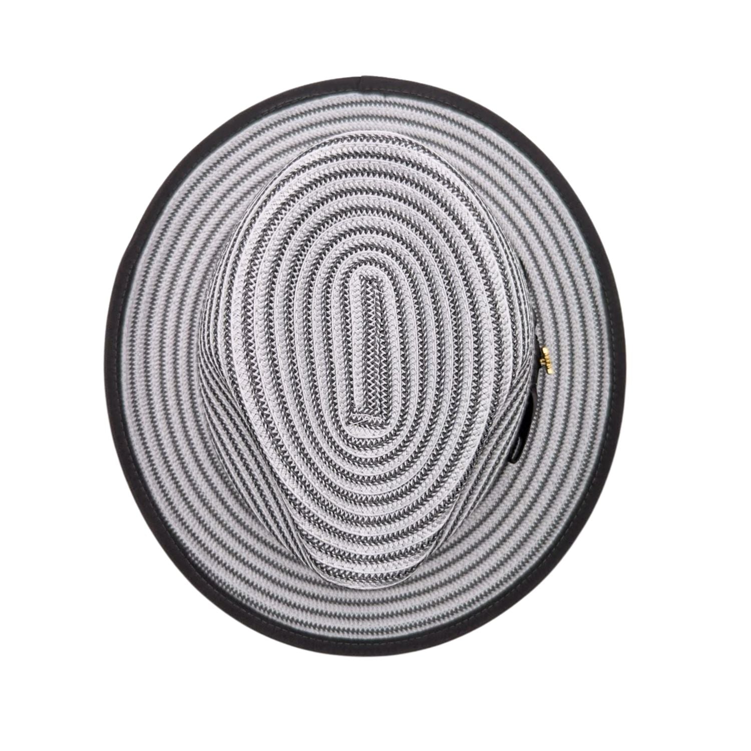 Grey and white Montique fedora top view showing striped woven crown, pinched fedora shape, and dark grey brim edge