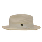 ivory straw fedora hat side view with matching ribbon band and logo pin