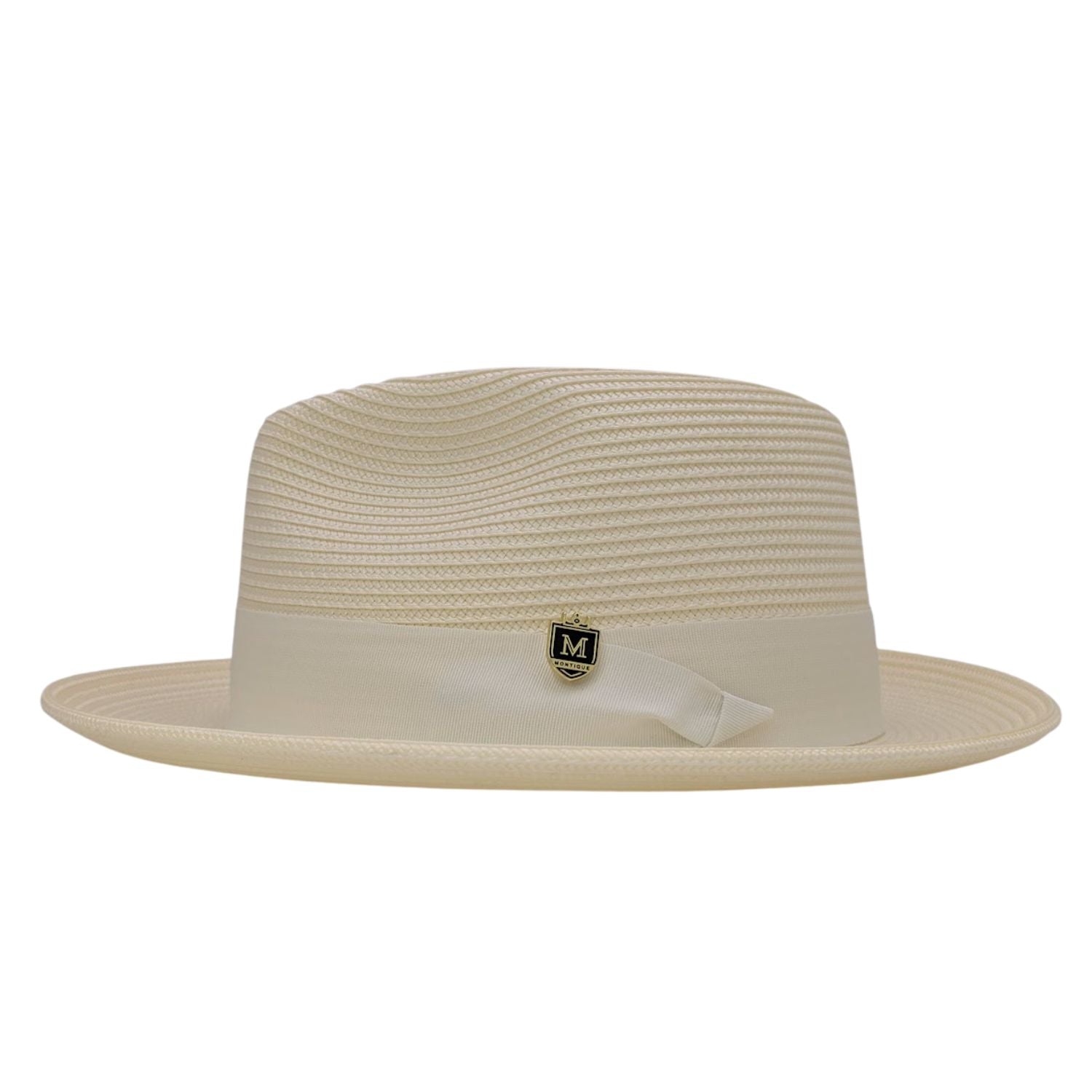 ivory straw fedora hat side view with matching ribbon band and logo pin