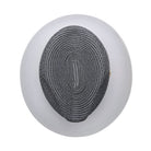 White Montique fedora hat top view with black and white woven crown, solid white brim, and side logo pin detail