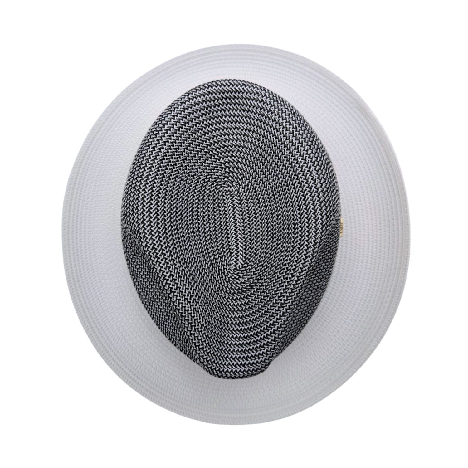 White Montique fedora hat top view with black and white woven crown, solid white brim, and side logo pin detail