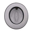 Grey and white Montique fedora inside view with woven striped interior, black sweatband, and grey brim trim