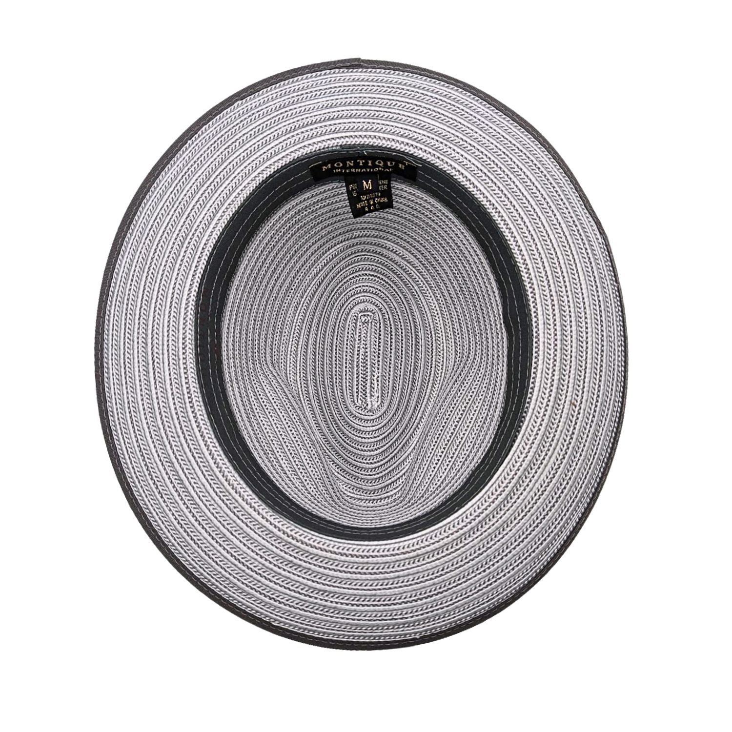 Grey and white Montique fedora inside view with woven striped interior, black sweatband, and grey brim trim