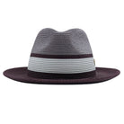 Wine and white Montique fedora hat front view with woven crown, white band, wine accents, and matching wine brim