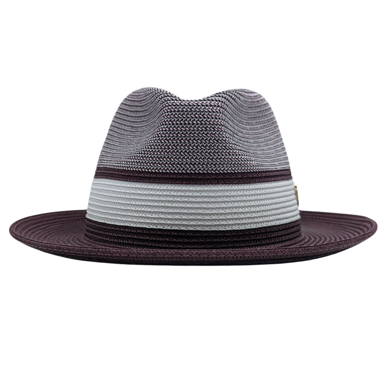 Wine and white Montique fedora hat front view with woven crown, white band, wine accents, and matching wine brim
