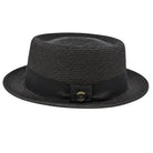 Montique black straw pork pie hat front view with black ribbon band