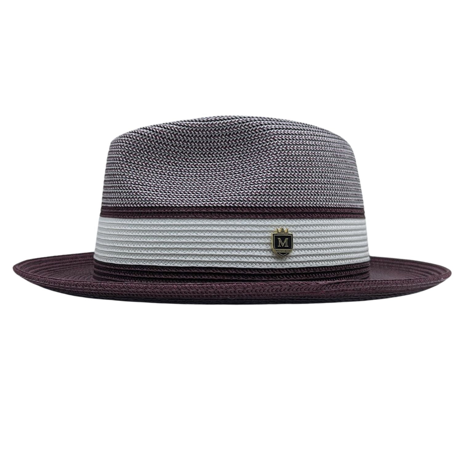 Wine and white Montique fedora hat side view with white center band, wine trim, woven crown, and logo pin