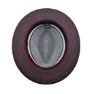 Wine and white Montique fedora hat interior view with wine brim, woven crown, inner sweatband, and branded size label