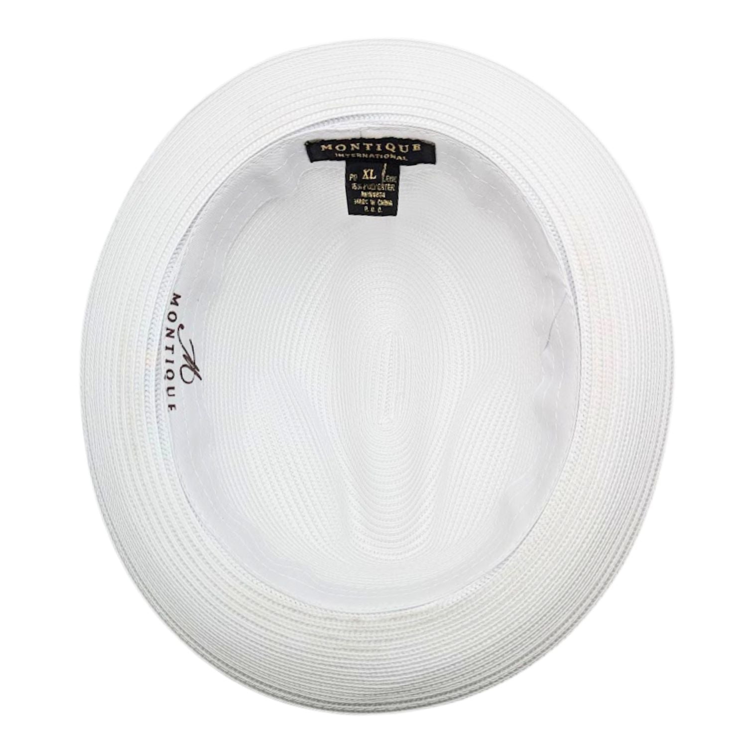 Montique white straw pork pie hat inside view with branded sweatband