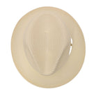 ivory straw fedora hat top view with matching brim and side pin