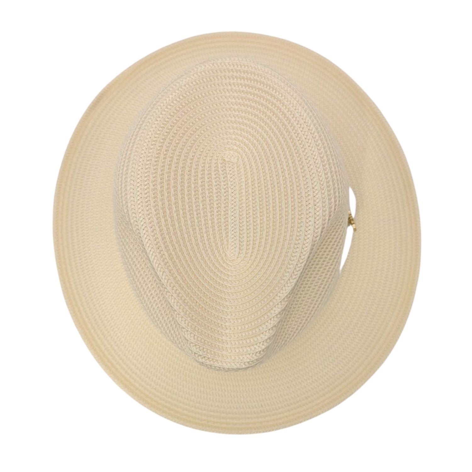 ivory straw fedora hat top view with matching brim and side pin