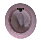 Montique mauve straw fedora hat inside view with woven lining, inner sweatband, wide brim, and brand label