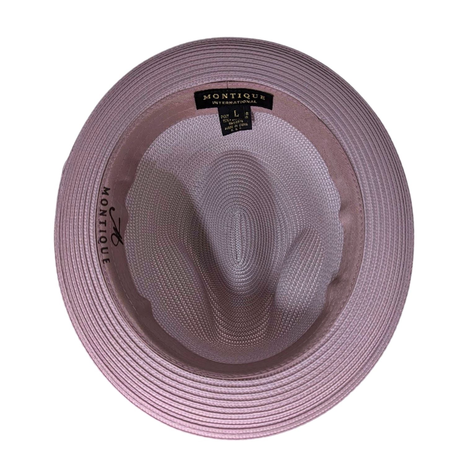 Montique mauve straw fedora hat inside view with woven lining, inner sweatband, wide brim, and brand label