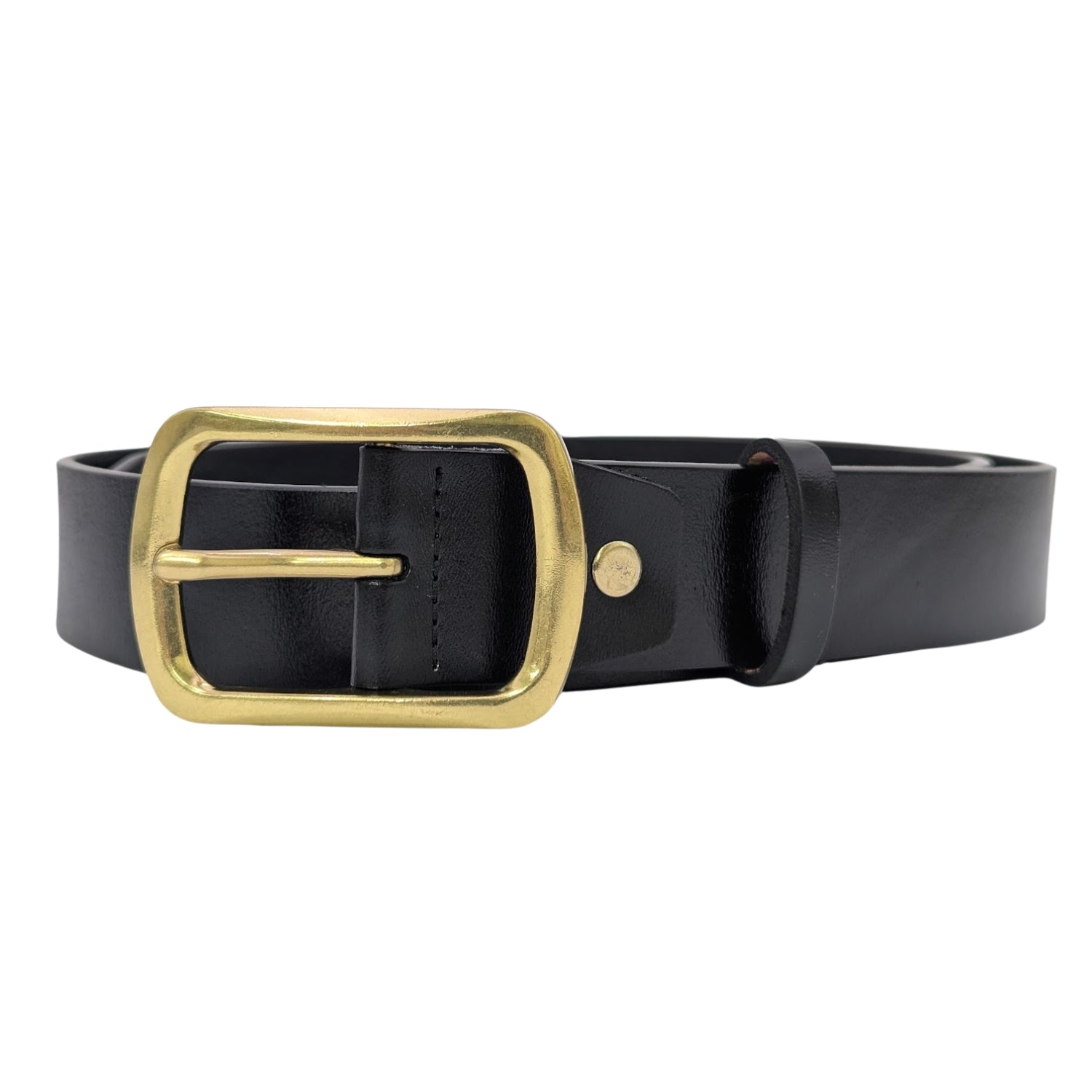 Men's black genuine leather belt with gold-tone single-prong buckle