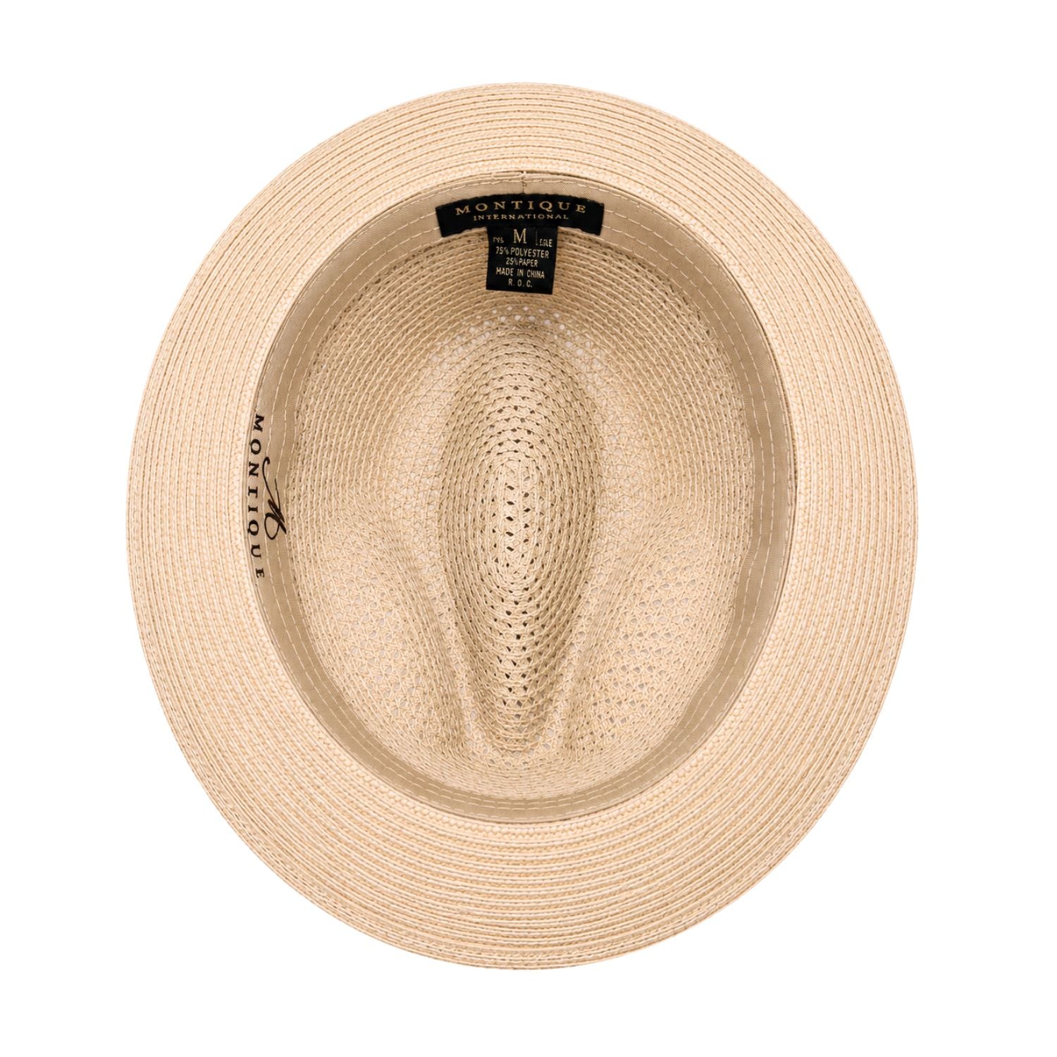Beige Montique fedora hat interior view with open weave crown, white sweatband, and branded label