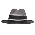 Black and grey Montique fedora hat front view with pinched crown detail, black lower band, white stripe accents, and black brim