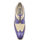 Top view of men's lavender and beige wingtip lace-up dress shoe with linen upper
