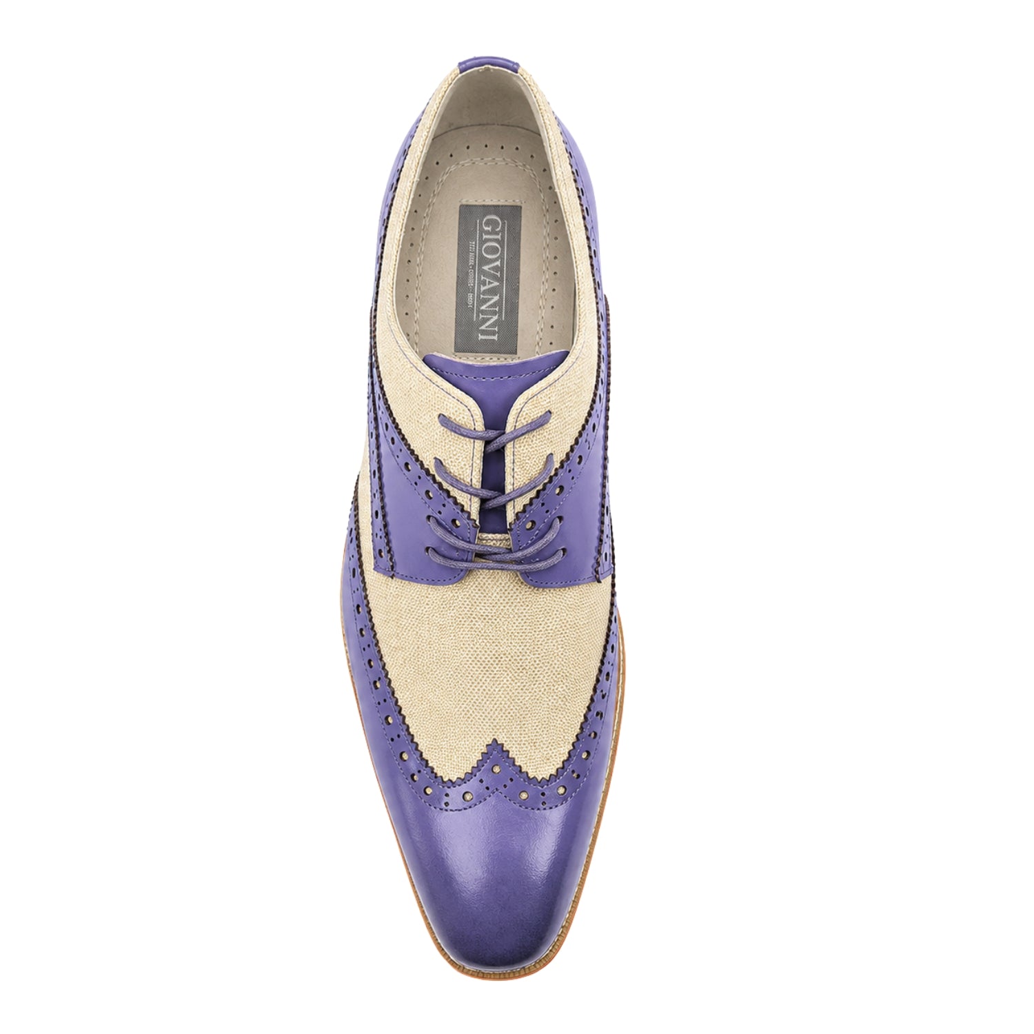 Top view of men's lavender and beige wingtip lace-up dress shoe with linen upper
