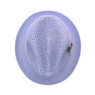 Lilac Montique fedora hat top view with open woven crown, matching brim, and side feather detail