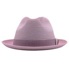 Montique mauve straw fedora hat front view with matching ribbon band, bow detail, logo pin, and structured crown