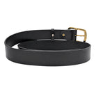 Back view of men's black genuine leather belt with gold-tone hardware