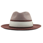 Burgundy and white Montique fedora hat front view with woven crown, white center band, burgundy brim, and logo pin