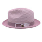 Montique mauve straw fedora hat side view with wide brim, matching band, and woven crown texture