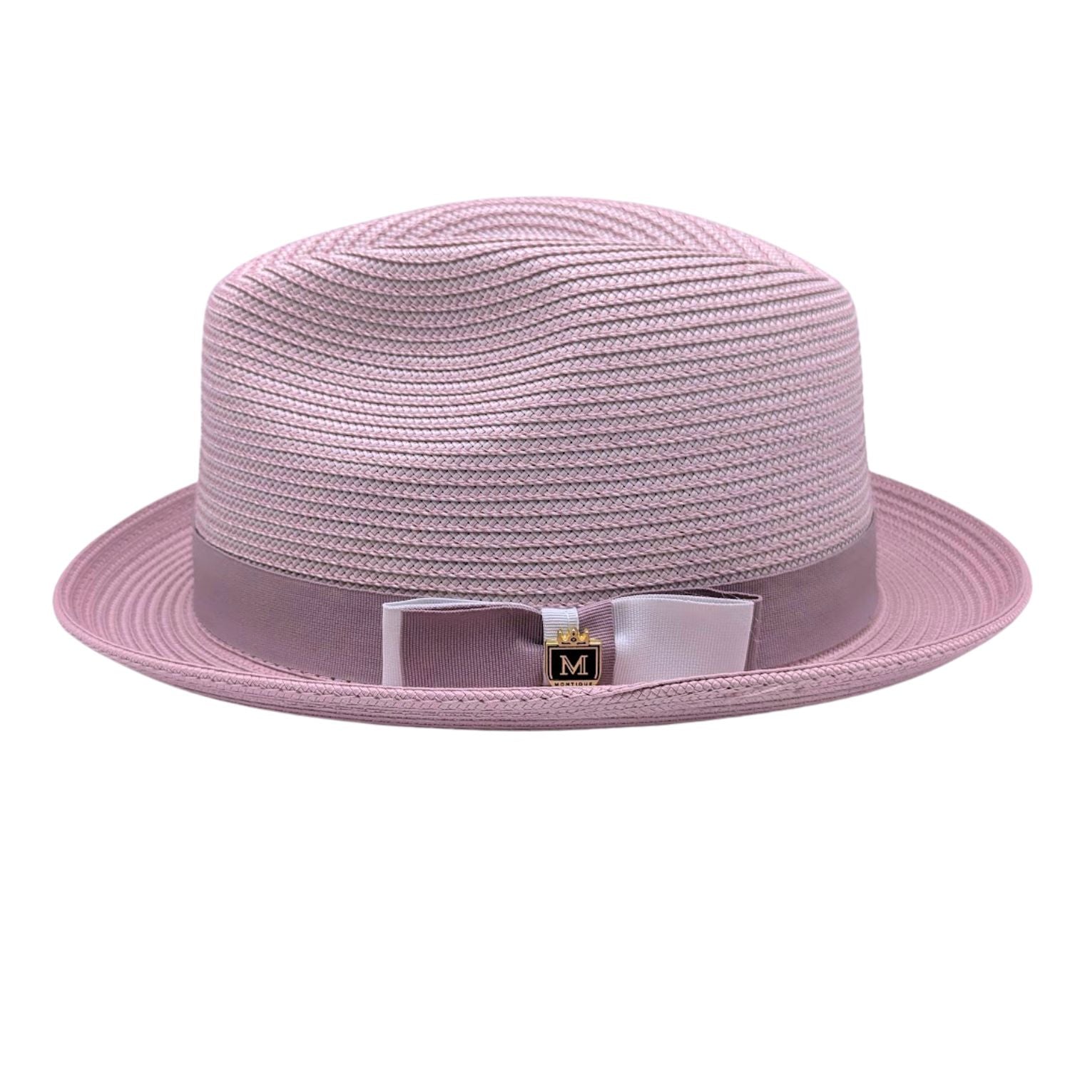 Montique mauve straw fedora hat side view with wide brim, matching band, and woven crown texture