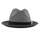 Montique black straw fedora hat front view with black brim, black ribbon band, and black and white woven crown texture