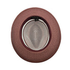 Burgundy and white Montique fedora hat interior view with branded label, woven crown, and burgundy brim