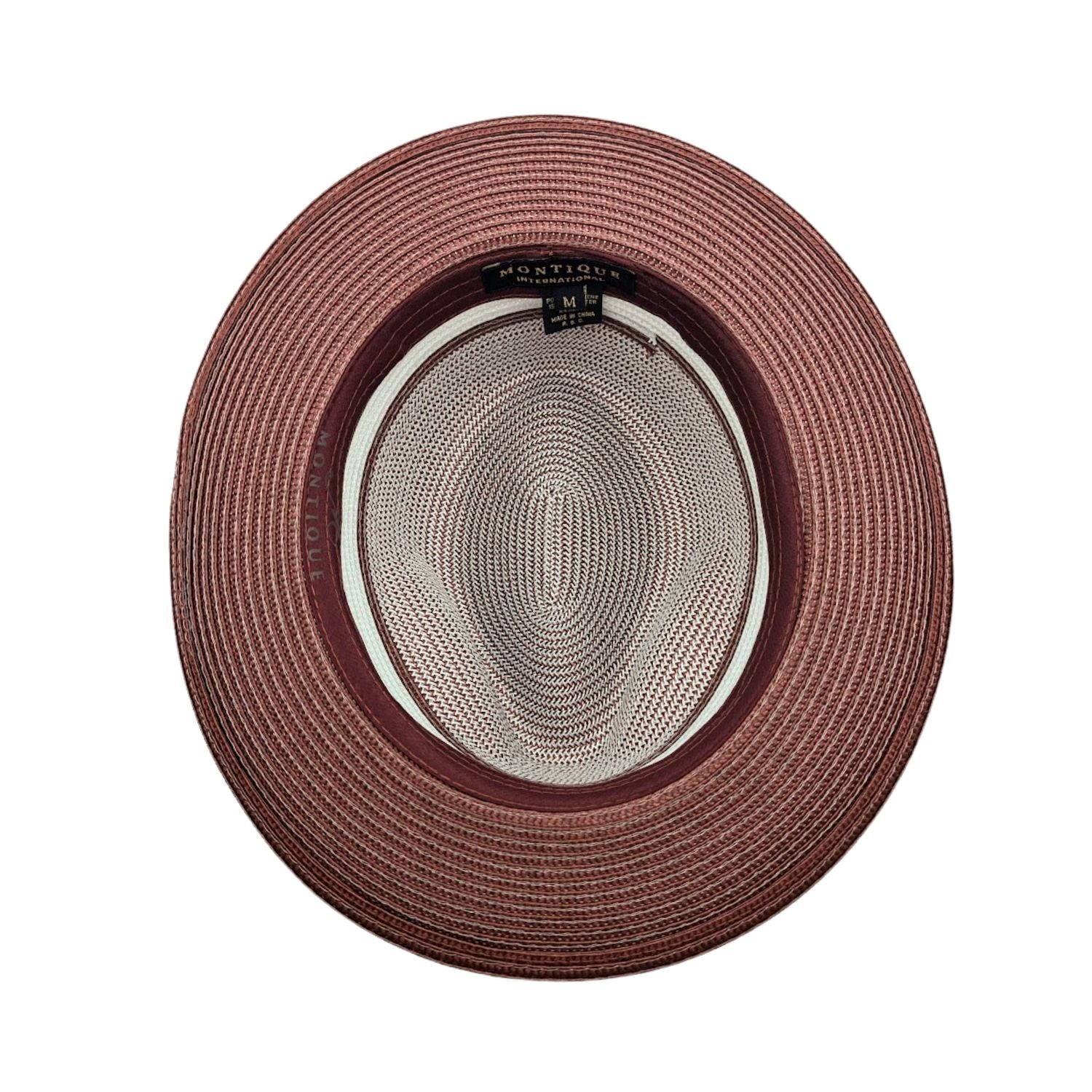 Burgundy and white Montique fedora hat interior view with branded label, woven crown, and burgundy brim