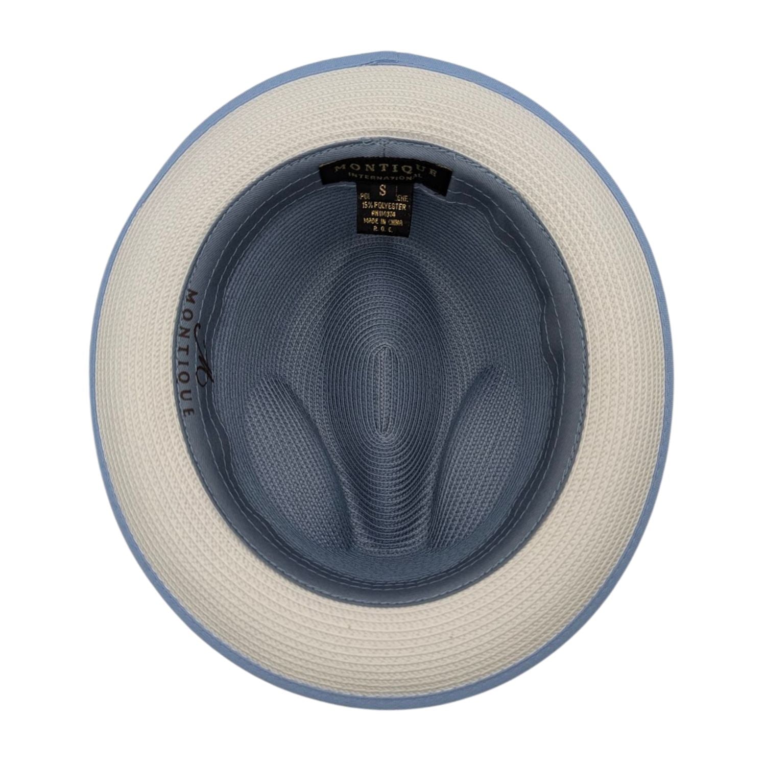 Carolina blue straw fedora hat inside view with branded sweatband
