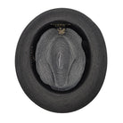 Montique black straw fedora hat inside view showing black brim, black and white woven crown lining, sweatband, and brand label