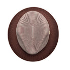 Burgundy and white Montique fedora hat top view with woven crown, burgundy brim, and side logo pin