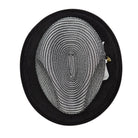 Montique black straw fedora hat top view with black brim, black and white woven crown, and side bow detail