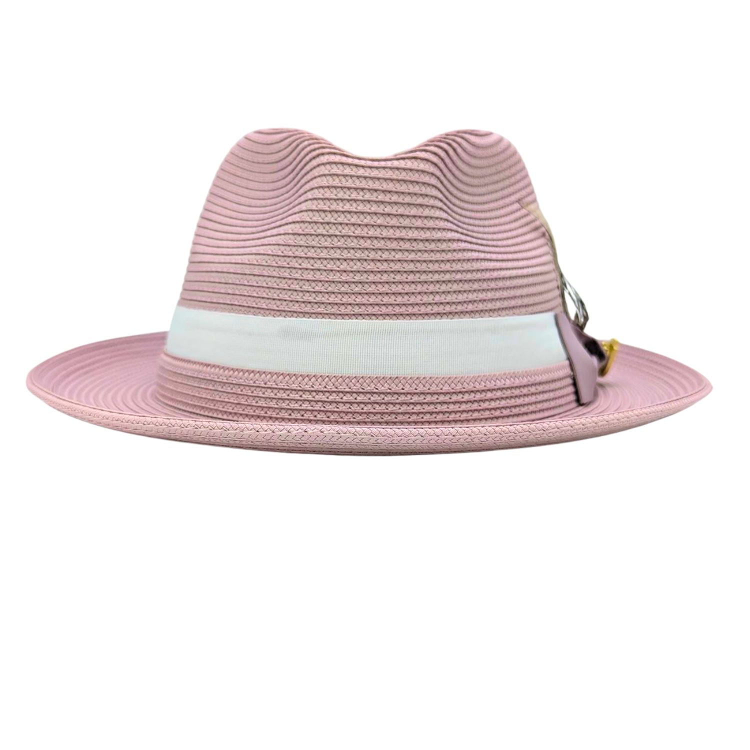  mauve straw fedora hat back view with white ribbon band